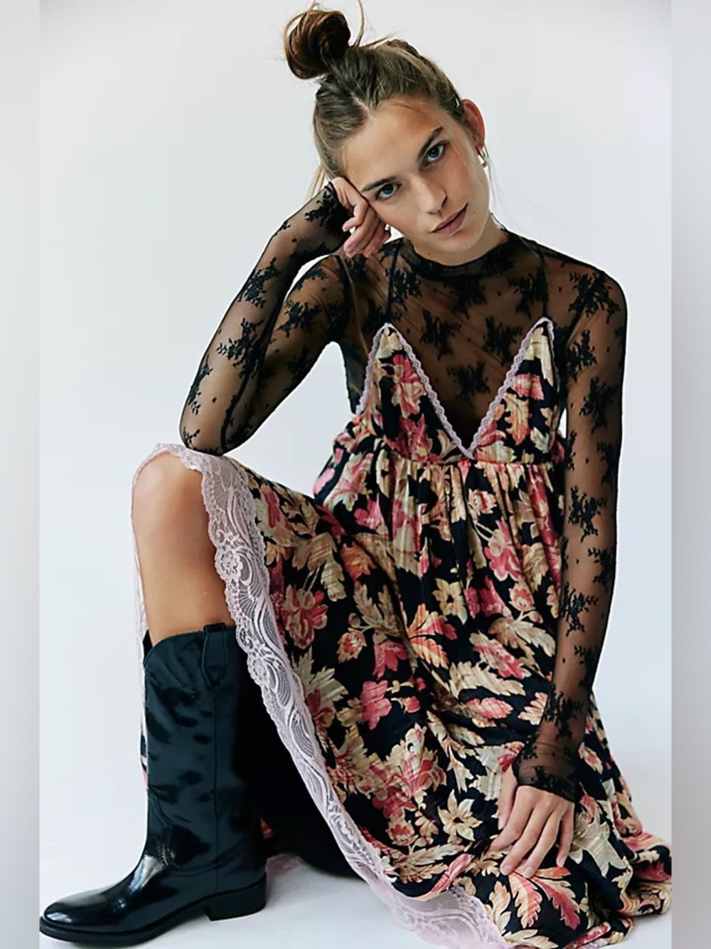 Free People | Primmy Maxi Dress Dark Floral Print Lace Small
